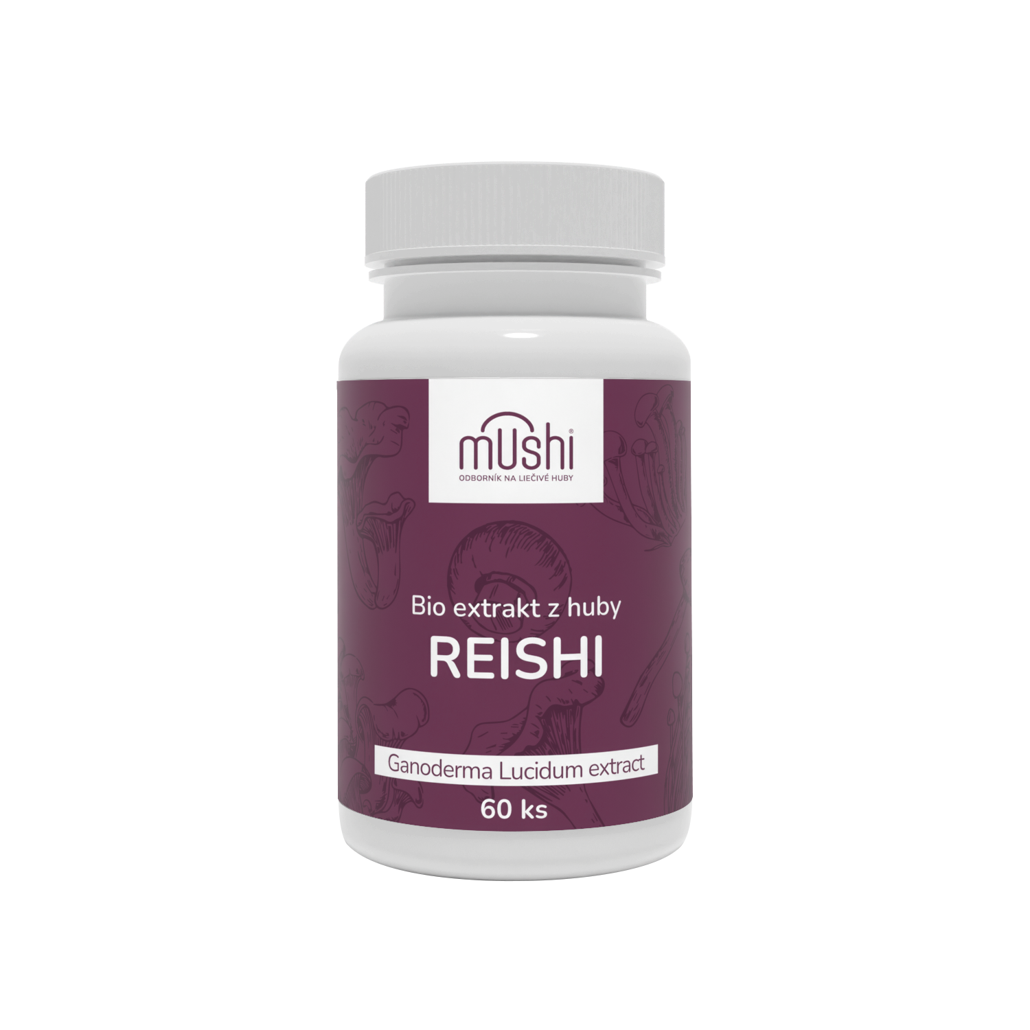 Organický extrakt z Reishi (Ganoderma lucidum, leskokôrovka lesklá) so 40% obsahom polysacharidov v rastlinných kapsulách HPMC.